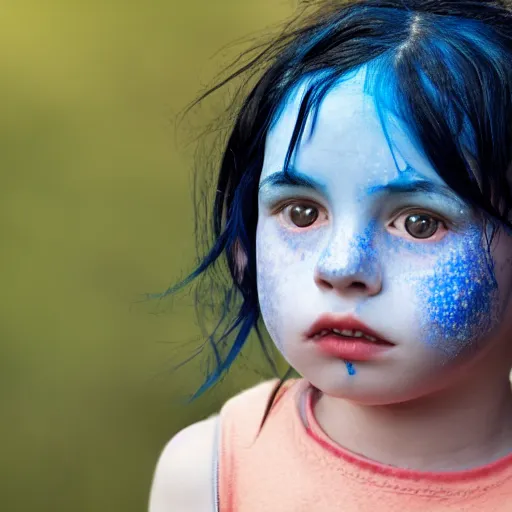 Image similar to a little blue girl with messy black hair she has sharp pointed ears freckles along the ridges of her cheeks, high resolution film still, 4k, HDR colors