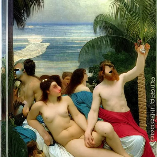 Image similar to Balustrade party, thunderstorm, greek pool, beach and palm trees on the background major arcana sky, by paul delaroche, alphonse mucha and arnold böcklin arnold böcklin hyperrealistic 8k, very detailed