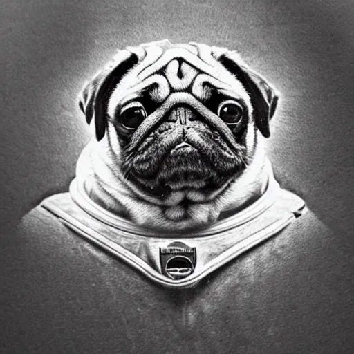 Image similar to pencil art, golden - ratio, spirals, highly detailed, astronaut pug in outer space by davinci.