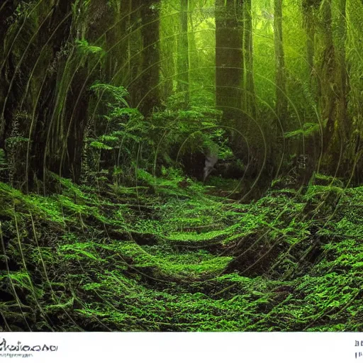 Image similar to round pools of water in a forest, as far as the eye can see, the wood between the worlds, narnia, lush green forest, moss and fern,