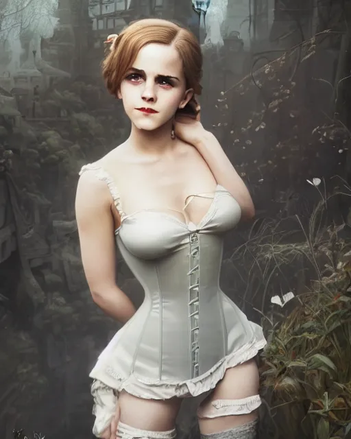 Image similar to full shot portrait painting of very beautiful emma watson standing as white maiden in revealing stockings corset noir streets, character design by mark ryden and pixar and hayao miyazaki, unreal 5, daz, hyperrealistic, octane render, cosplay, rpg portrait, dynamic lighting, intricate detail, cinematic