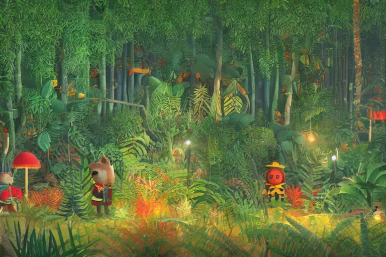 Prompt: photorealistic, night jungle, forest, stars, highly detailed, unreal engine render concept art, style of henri rousseau and richard scarry and hiroshi yoshida