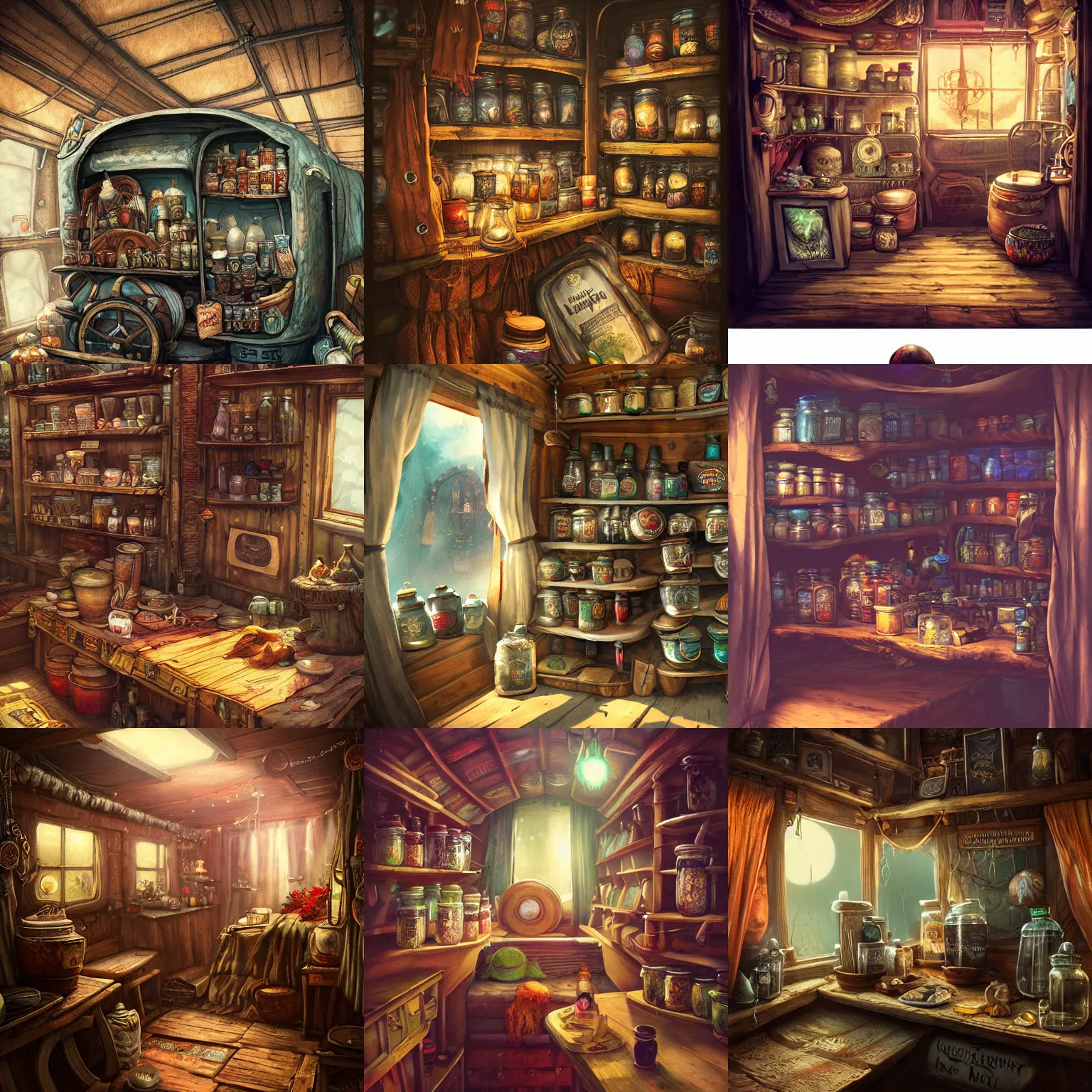 Prompt: Inside an gypsy wagon, large jars on shelves, beautiful labels, fantasy vendor interior, wide angle, arkham horror, lovecraft illustration, cinematic, highly detailed, photorealistic, rich bright colors, trending on artstation, trending on cgsociety