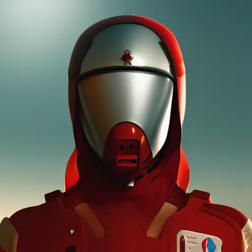 Image similar to portrait of a athletic female soldier in glossy sleek white armor with tiny red details and a long red cape, heroic posture, on the surface of mars, night time, dramatic lighting, cinematic, sci-fi, hyperrealistic