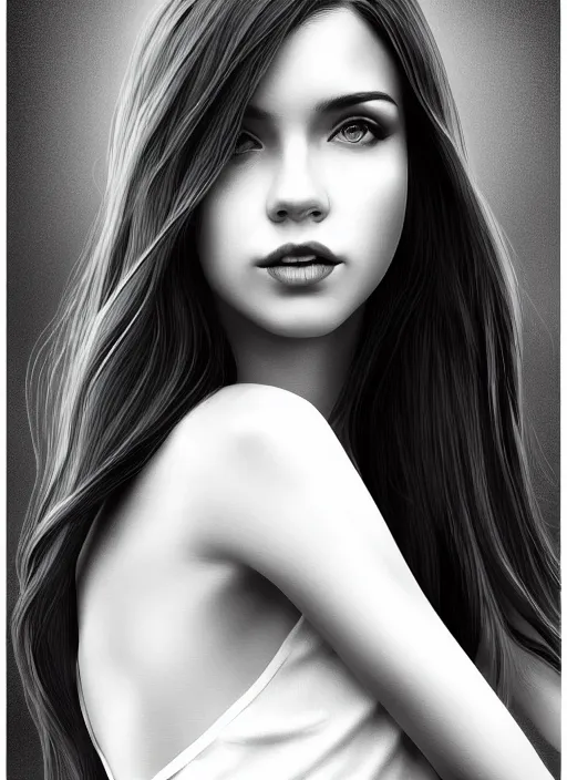 Prompt: full body portrait of a beautiful young woman in black and white, photorealistic, hair down to waist, sharp focus, in the style of Kevin Kostic, Stephen Lau and artgerm, hyper sharp focus, 8k highly detailed