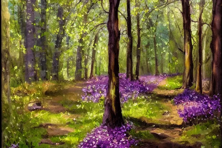 Prompt: vintage iron lamp post in lush spring forest. Cinematic, small purple flowers, hiking trail. detailed oil painting