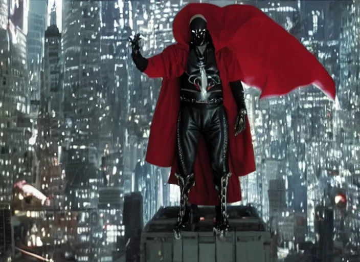 Image similar to film still of jamie foxx as spawn in the new spawn movie, giant chains, large cape, 8 k