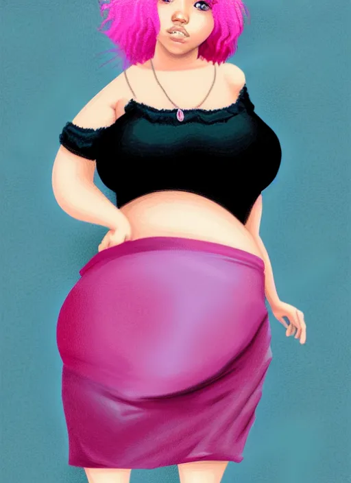 Image similar to full body portrait, teenage vanessa morgan, pink hair, obese, curly pixie hair, sultry, realistic, short hair, hoop earrings, skirt, shirt, fat, belly, black girl, intricate, elegant, highly detailed, digital painting, artstation, concept art, smooth, sharp focus, illustration, art by wlop, mars ravelo and greg rutkowski