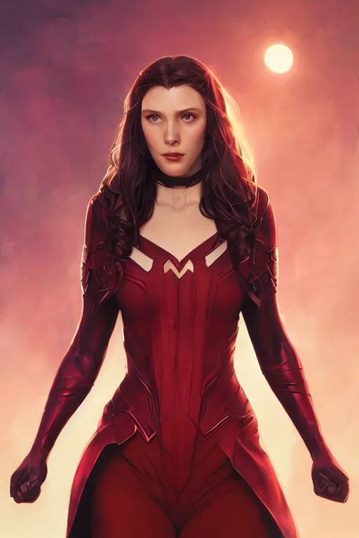 Prompt: portrait of Scarlet Witch, superhero, D&D, fantasy, highly detailed, beautiful face, realistic body structure, digital painting, artstation, smooth, sharp focus, illustration, art by artgerm and greg rutkowski and alphonse mucha