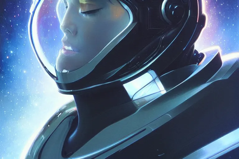 Image similar to Portrait of a Futuristic reflective spacesuit visor mirror spacesuit reflecting a nebula supernova in space, portrait, elegant, intricate, digital painting, artstation, concept art, smooth, sharp focus, illustration, art by artgerm and greg rutkowski and alphonse mucha