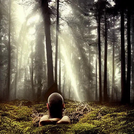 Image similar to A beautiful digital art of a man's head is floating in the air, surrounded by a halo of light. His eyes are wide open and his mouth is gaping in a scream. His hair is wild and his clothes are in tatters. Behind him is a dark, ominous forest. by Arthur Elgort subdued, ornamented