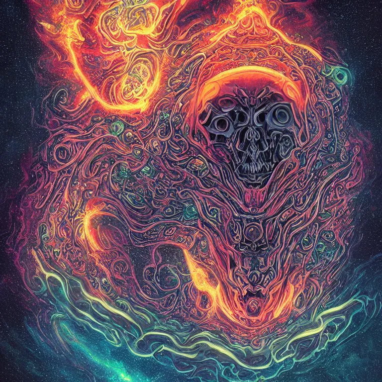 Image similar to a center frame giant skull with intricate rune carvings and glowing eyes with thick lovecraftian tentacles emerging from a space nebula by dan mumford, symmetry, twirling smoke trail, a twisting vortex of dying galaxies, digital art, vivid colors, highly detailed