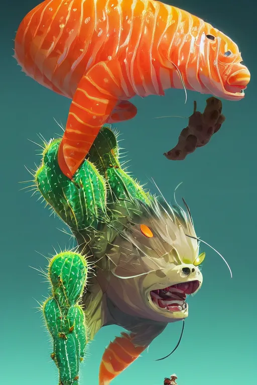 Image similar to 3 d render creature animal sushi cristal very big eye roots cactus elemental flush of force nature micro world fluo fishscale, comics gta 5 cover, official fanart behance hd artstation by jesper ejsing, by rhads, makoto shinkai and lois van baarle, ilya kuvshinov, ossdraws