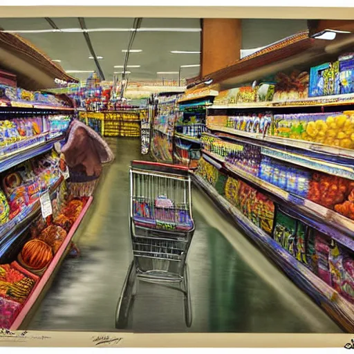 Image similar to photograph, realistic, detailed, beautiful. steve mccully. i took her to a supermarket i don't know why but i had to start it somewhere so it started there i said pretend you've got no money she just laughed and said oh you're so funny