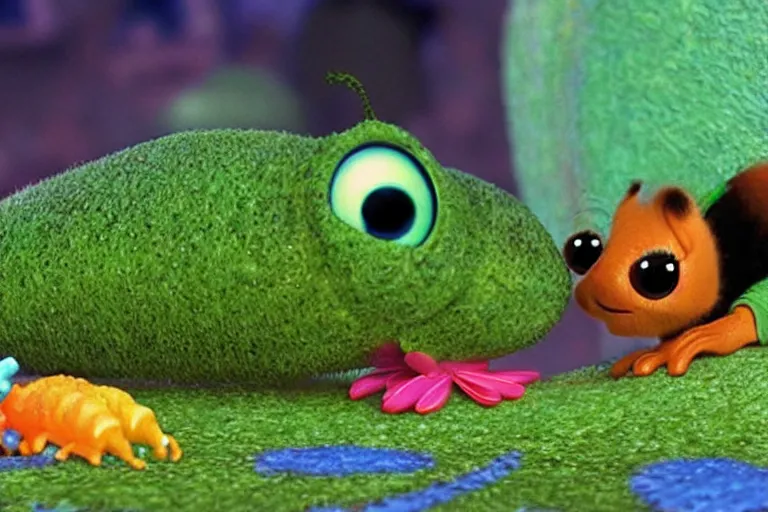 Image similar to disney pixar's a bug's life, cgi caterpillar colorful, furry caterpillar