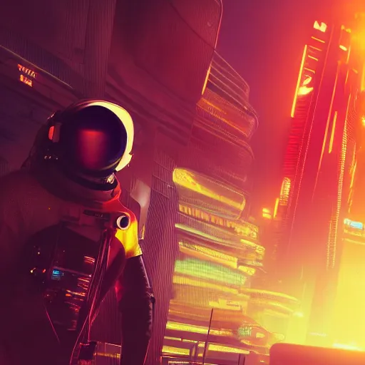 Image similar to professional photo of astronaut from low angle shot with cyberpunk city on background, synthwave, blade runner, hyperrealistic masterpiece, trending on artstation, cgsociety, kodakchrome, golden ratio, cinematic, composition, beautiful lighting, hyper detailed, sharp focus, octane render, 4 k, unreal engine