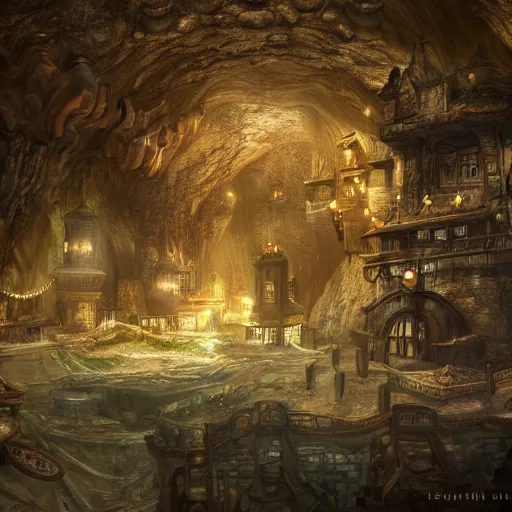 Prompt: a fantasy steampunk city hidden inside a great cave, realistic, hyperrealistic, concept art, stylized, unreal engine 5, trending on art station, W 1024