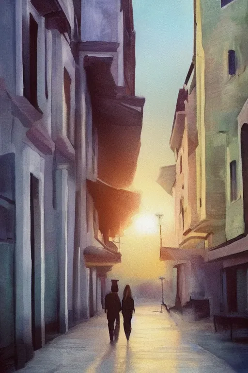 Prompt: two lovers are walking on a beautiful sarajevo sunset, trending on art station