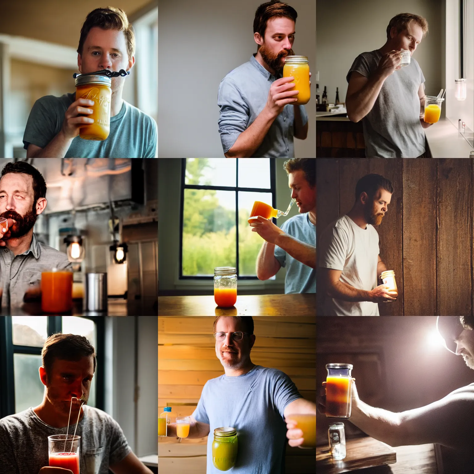 Prompt: white guy drinking juice out of a mason jar, cinematic lighting, photographic masterpiece