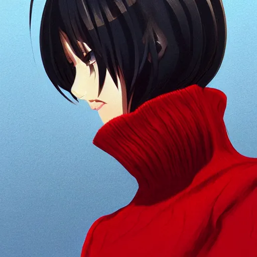 anime girl in dark red turtleneck, black coat, | Stable Diffusion