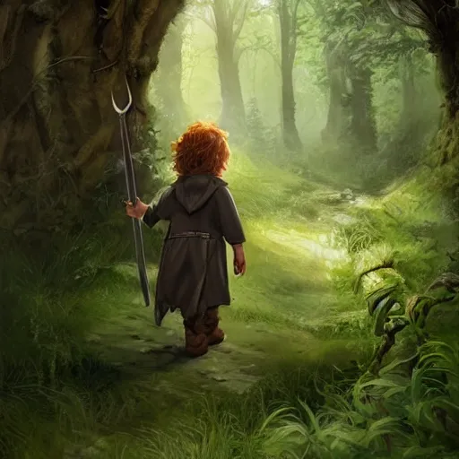 Image similar to a young hobbit with short hair and a dark green cloak hiking through the forest, trending on artstation, realistic, detailed, by Tony Sart