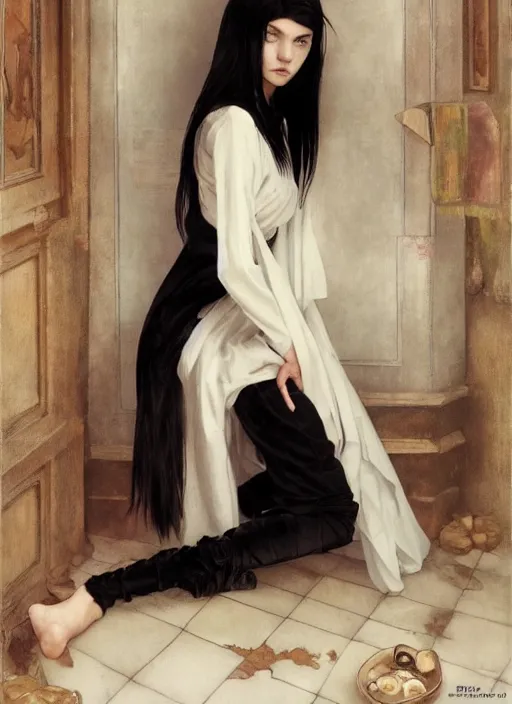 Image similar to a 1 6 year old girl eveline from resident evil 7 with straight long black hair wearing black dress that sitting on bathroom floor, photo for vogue, model エリサヘス s from acquamodels, art by artgem, greg rutkowski and alphonse mucha