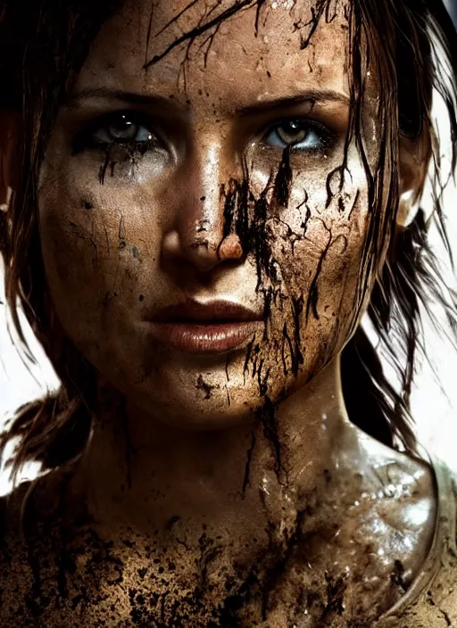 Image similar to a studio photography, film still of lara croft as cop, her face muddy and sweat, direct sun light, close up potrait, cinematic,