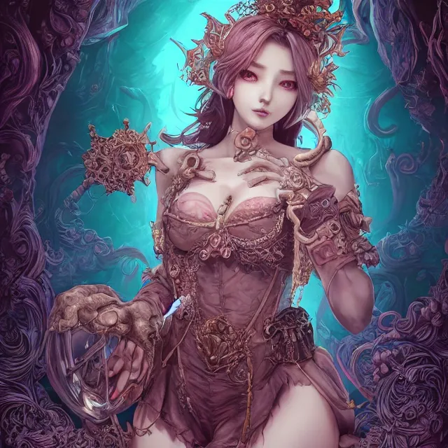 Image similar to the portrait of chaotic evil female necromancer mastermind as absurdly beautiful, gorgeous, elegant, cute young gravure idol, an ultrafine hyperdetailed illustration by kim jung gi, irakli nadar, intricate linework, bright colors, octopath traveler, final fantasy, unreal engine 5 highly rendered, global illumination, radiant light, detailed and intricate environment