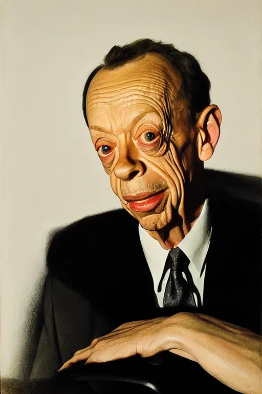 Image similar to portrait of don knotts sitting with full face full figure, in the style of expressionism, soft light, volumetric light, subsurface scattering, translucent skin, artstation, trending, andrew wyeth, jamie wyeth, john singer sargent,