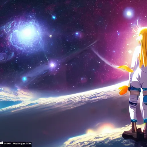 Prompt: An anime girl in a spacesuit in awe at the beauty of the universe, 8k, HD