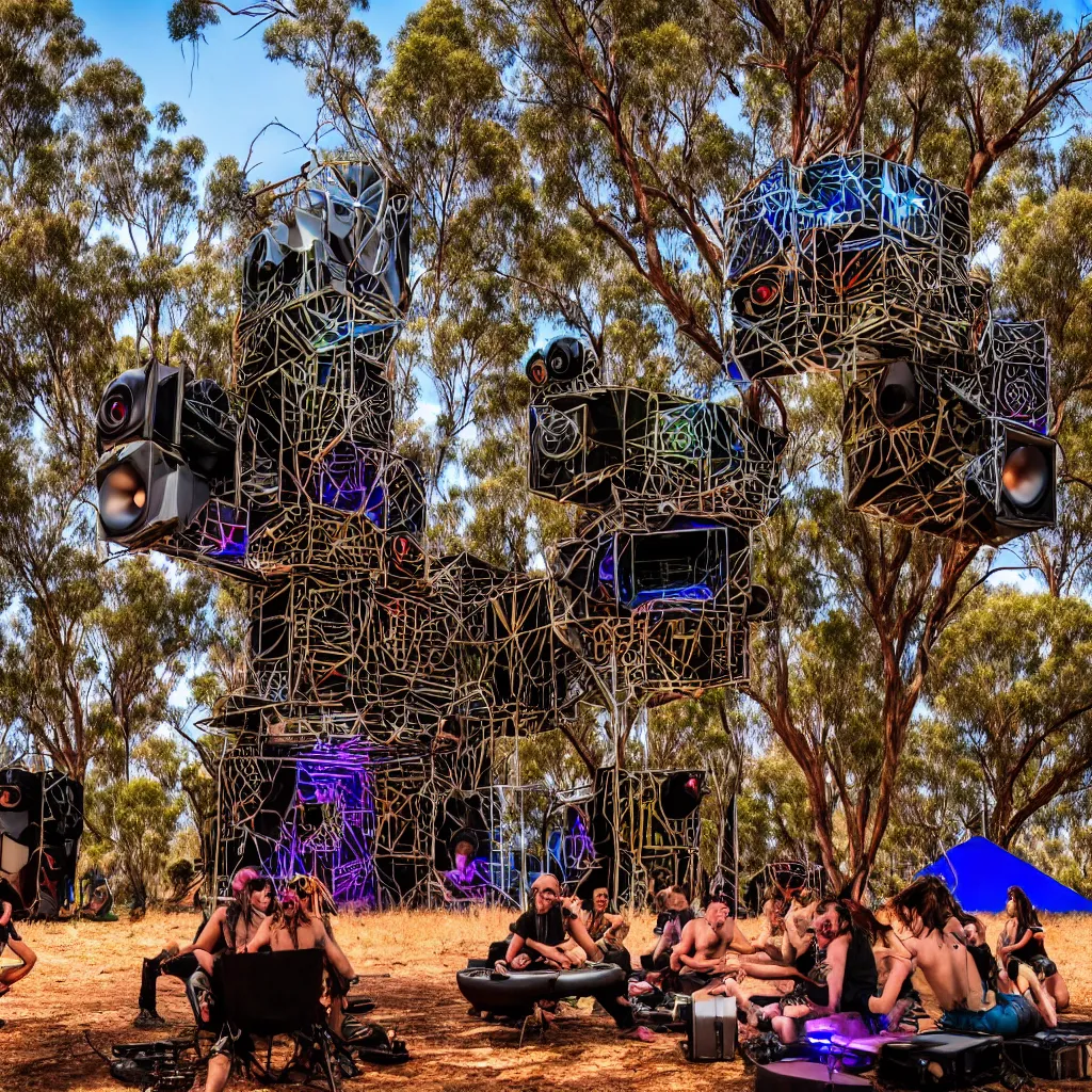 Image similar to psytrance party in the australian outback, with dancefloor and speaker stack, with beautiful architecturally designed living structures, concept art, urban planning, XF IQ4, 150MP, 50mm, F1.4, ISO 200, 1/160s, natural light