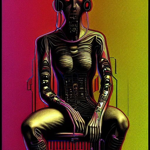 Image similar to a drawing of a person sitting on a chair, cyberpunk art by ernst fuchs, behance contest winner, metaphysical painting, darksynth, fractalism, circuitry, arstation