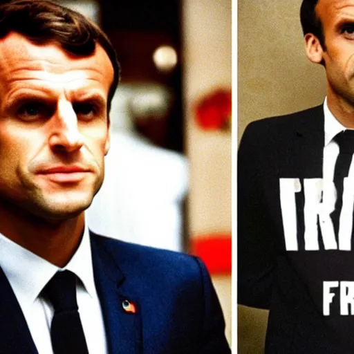 Image similar to Emmanuel Macron wearing fries tee-shirt in American Psycho (1999)