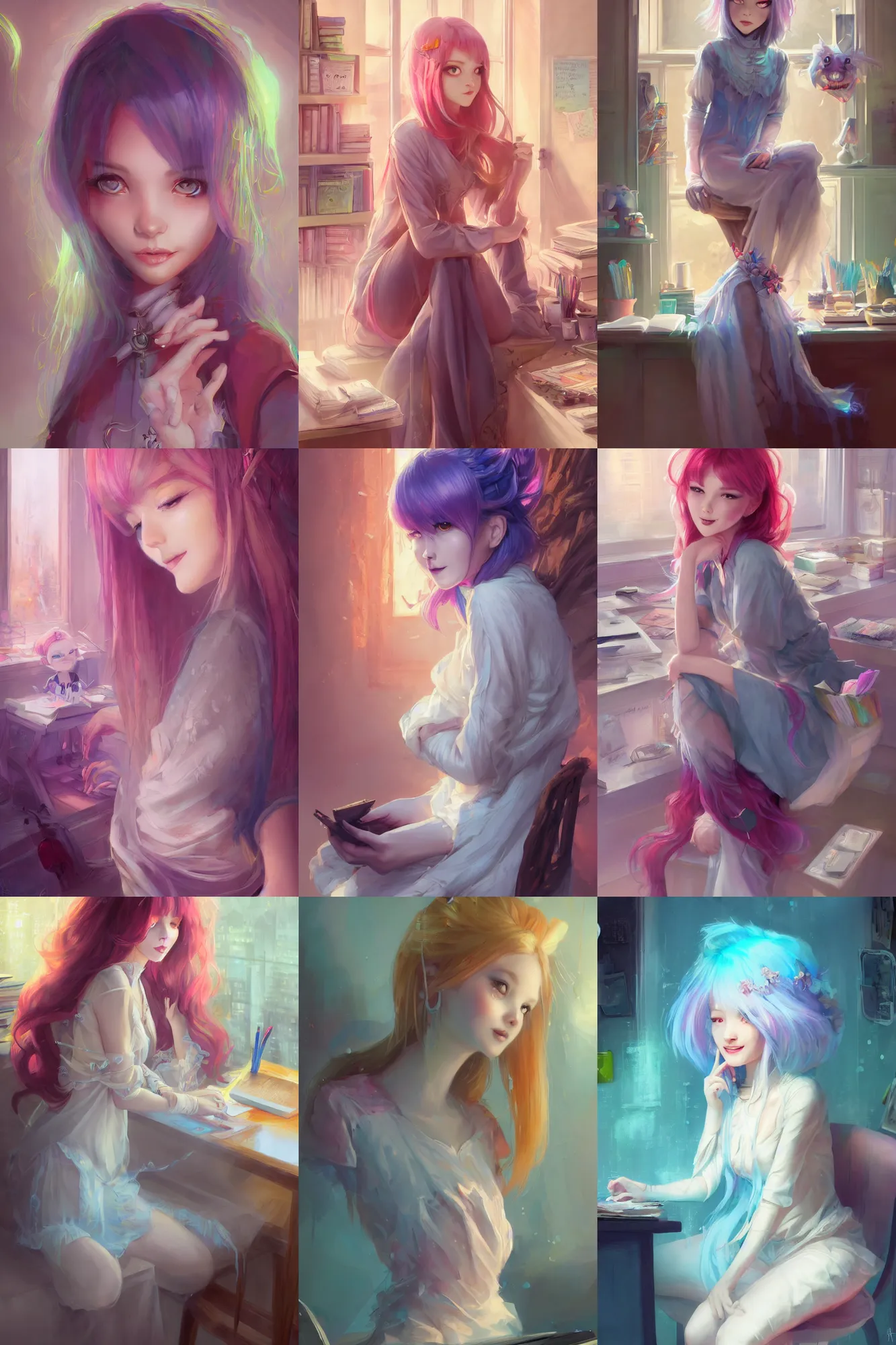 Prompt: a beautiful ghost girl sitting in her office | | cute - fine - subtle smile, colorful hair, face, pretty face, fine details by stanley artgerm lau, wlop, rossdraws, james jean, andrei riabovitchev, marc simonetti, and sakimichan, trending on artstation