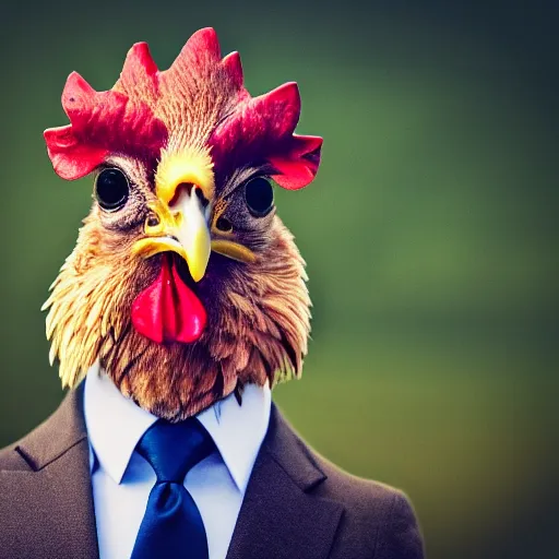 Image similar to a high quality photo of a chicken wearing a suit, Romanticism, 8k