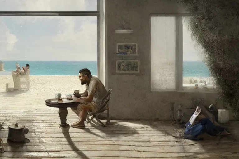 Prompt: a matte painting of a man sitting down and having a cup of tea in his house by the beach, by greg rutkowski, muted colors