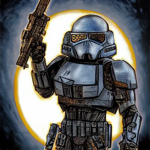 Image similar to armored alien trooper with weapons, art by marco patrito