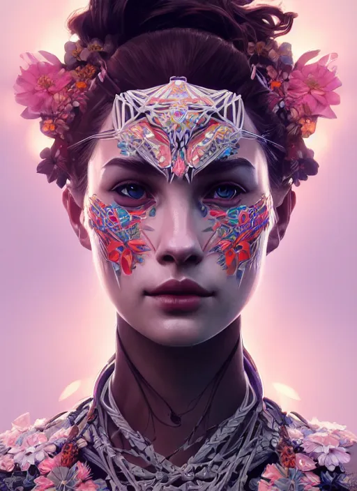 Image similar to symmetry!! portrait of floral! horizon zero dawn machine, intricate, elegant, highly detailed, digital painting, artstation, concept art, smooth, sharp focus, illustration, art by artgerm and greg rutkowski and alphonse mucha, 8 k