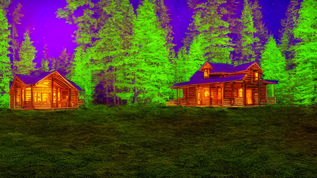 Image similar to portrait of an ethereal vaporwave log cabin made of golden purple and green light, evergreen forest, divine, cyberspace, mysterious, high-contrast, 4k, award-winning photograph