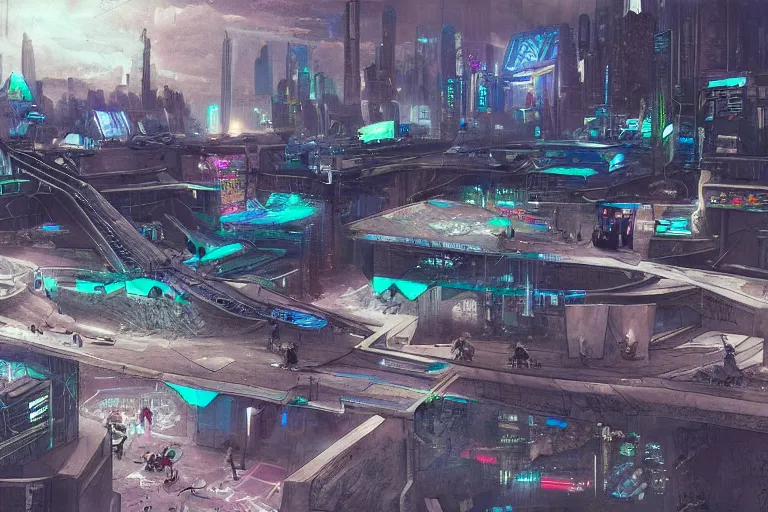 Image similar to a cyberpunk, sci-fi skatepark, trending on art station, detail, dystopian