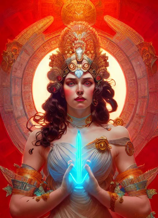 Prompt: the goddess hera looking angry, paper armour, volumetric lights, red and cyan theme, cute, intricate, elegant, highly detailed, digital painting, artstation, concept art, smooth, sharp focus, symmetric face, illustration, art by artgerm and greg rutkowski and alphonse mucha