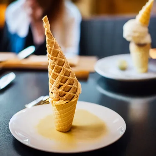 Prompt: photograph of a formal presentation of an ice cream cone on a plate at a fancy avant-garde restaurant