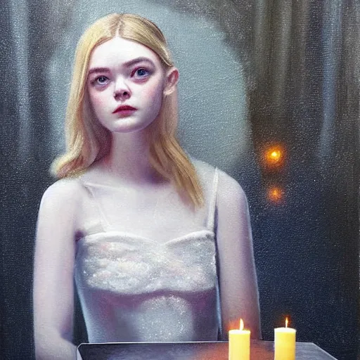 Image similar to a striking hyper real oil painting of Elle Fanning with cybernetics, dark, candle lighting, stars in the sky,