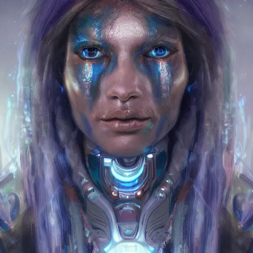 Prompt: detailed portrait of a futuristic sci - fi shaman in an impressive scene. extremely detailed. beautiful lighting. concept art. trending on artstation.