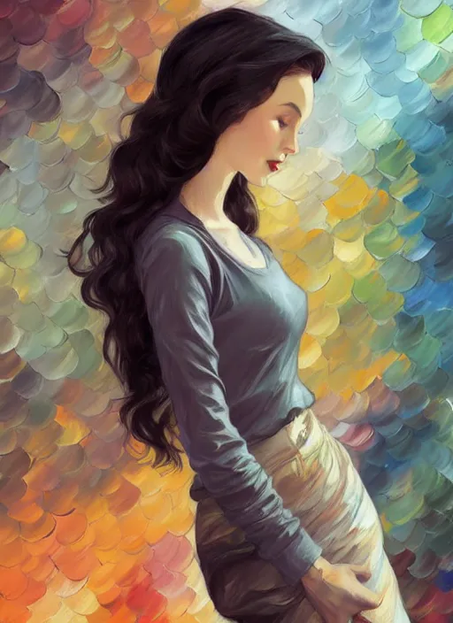 Image similar to vivien leigh, gray hoodie, jeans, half body shot, path traced, highly detailed, high quality, digital painting, alena aenami, leonid afremov, lilia alvarado, shinji aramaki, karol bak, alphonse mucha, tom bagshaw