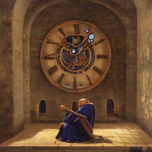 Prompt: medieval monk maintaining an enormous, complex, mechanical clock, oil painting, warm lighting, realistic, trending on artstation