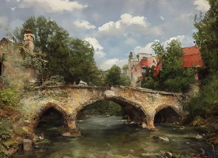 Image similar to watercolor of rustic stone bridge with mural, ivy, summer daylight, bright clear day, clouds, high detailed art by dennis miller bunker, work by anders zorn, wonderful masterpiece by greg rutkowski, beautiful cinematic light, american romanticism by greg manchess, creation by tyler edlin