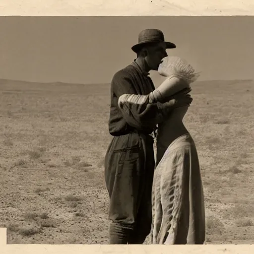 Prompt: in the early 1900s a tan-skinned-man is standing in the desert, hugging a white-woman from behind, who is leaning into his chest and is the same height as him