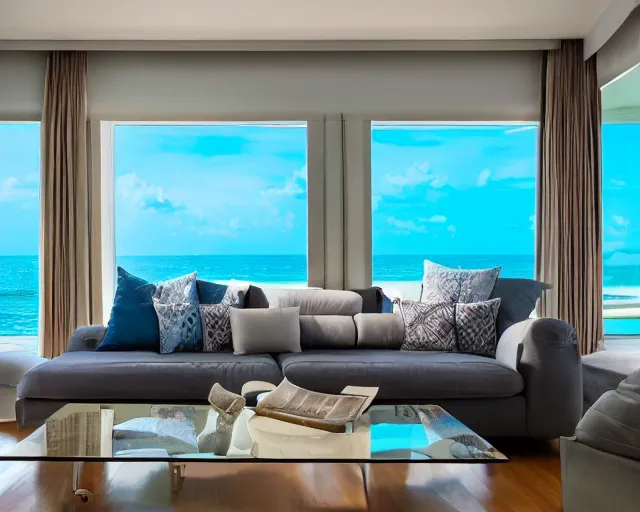 Image similar to A modern living room in a ocean hues style, ocean view, luxurious table, calm, relaxed style, harmony, wide angle shot, 8k resolution
