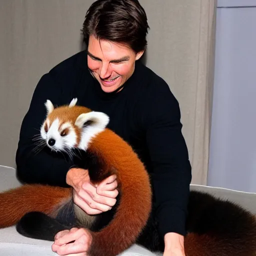 Prompt: tom cruise petting his pet red panda